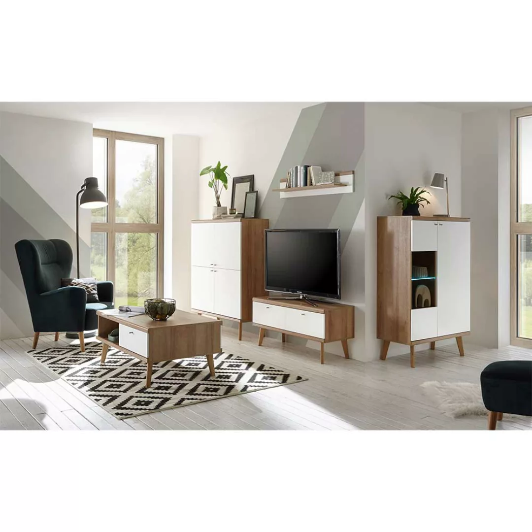 Möbel Kombination für Wohnzimmer Weiß und Eiche (fünfteilig) günstig online kaufen