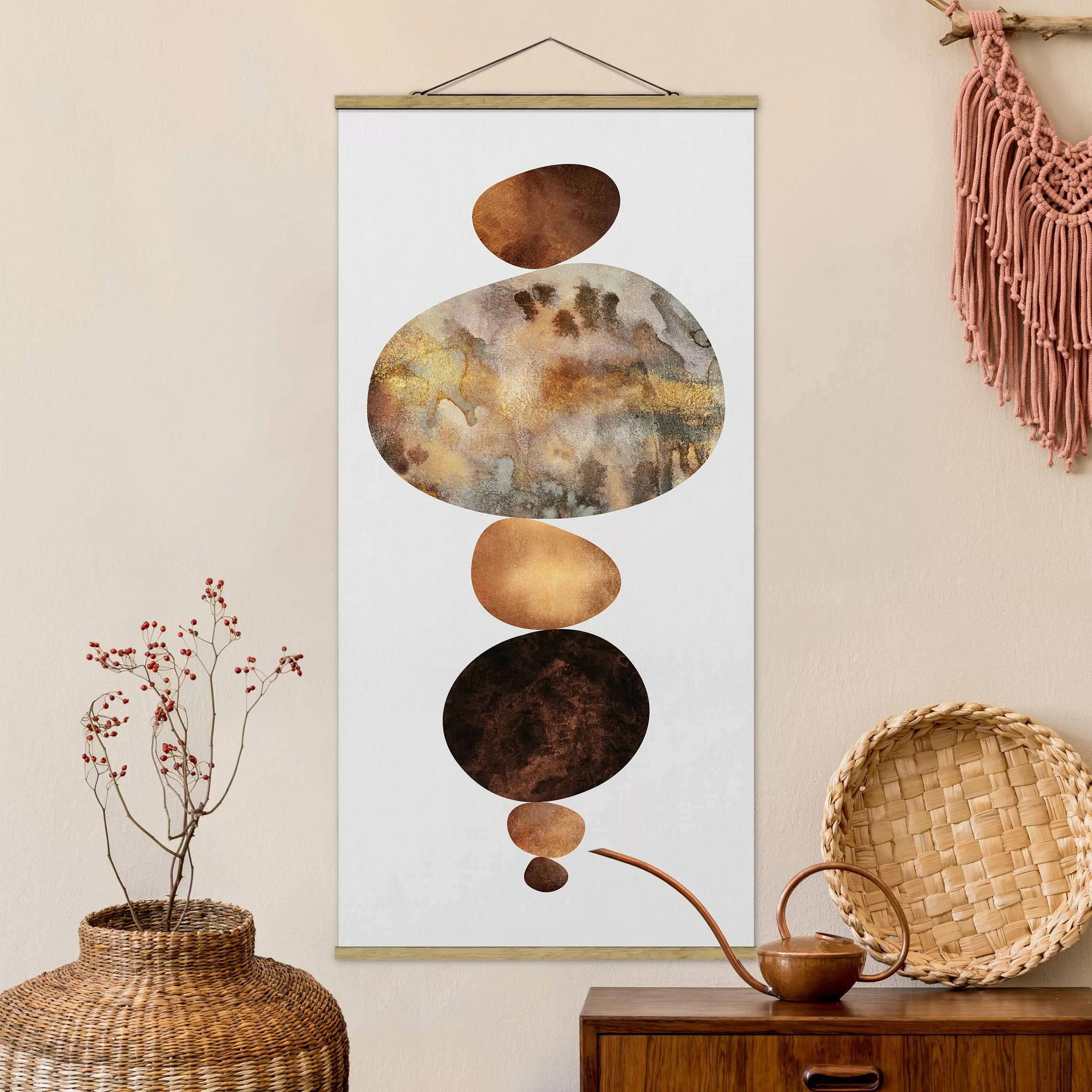 Stoffbild Abstrakt mit Posterleisten - Hochformat Balance Weiß Gold günstig online kaufen