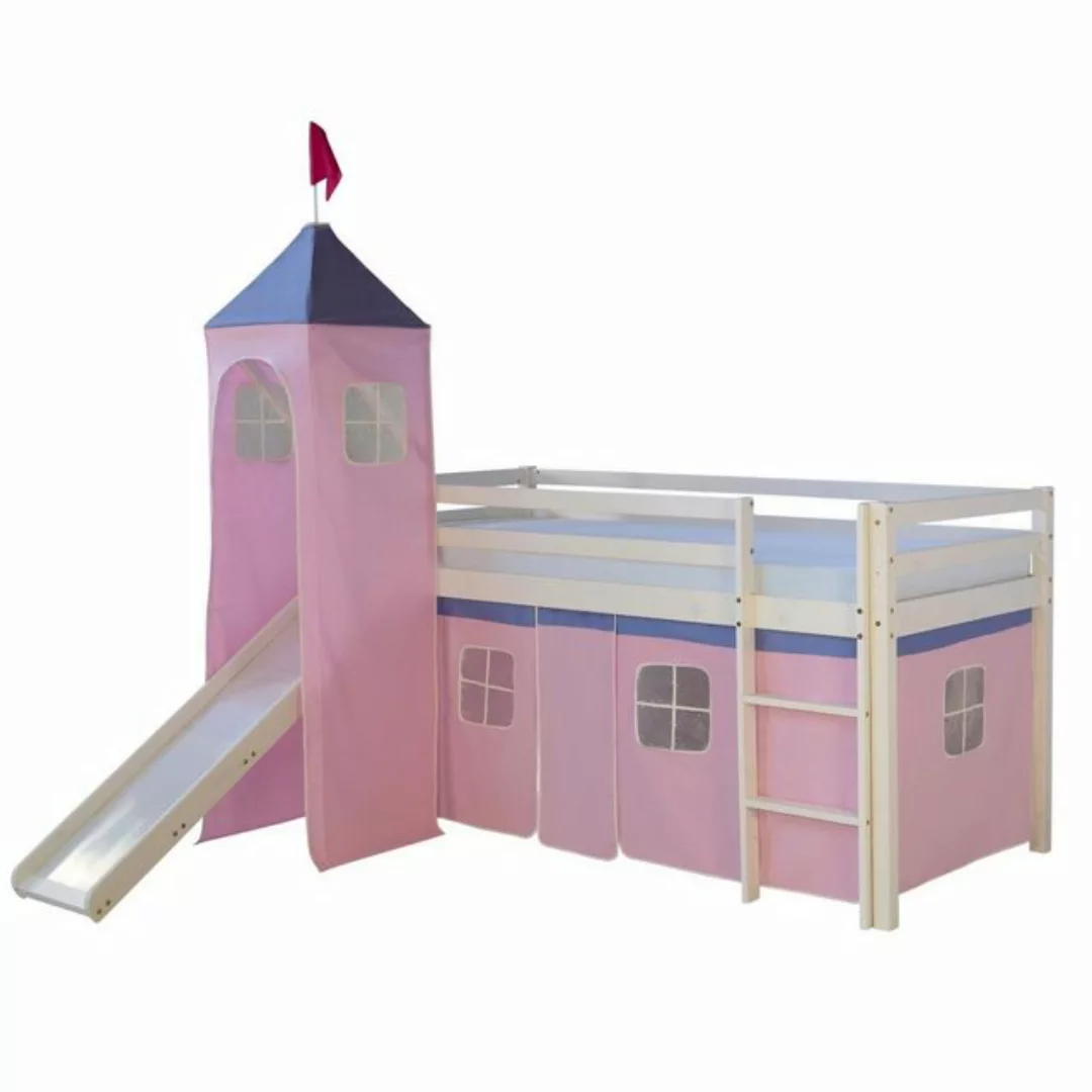 Homestyle4u Hochbett Kinderbett mit Leiter und Vorhang Weiß Rosa Holz Kiefe günstig online kaufen