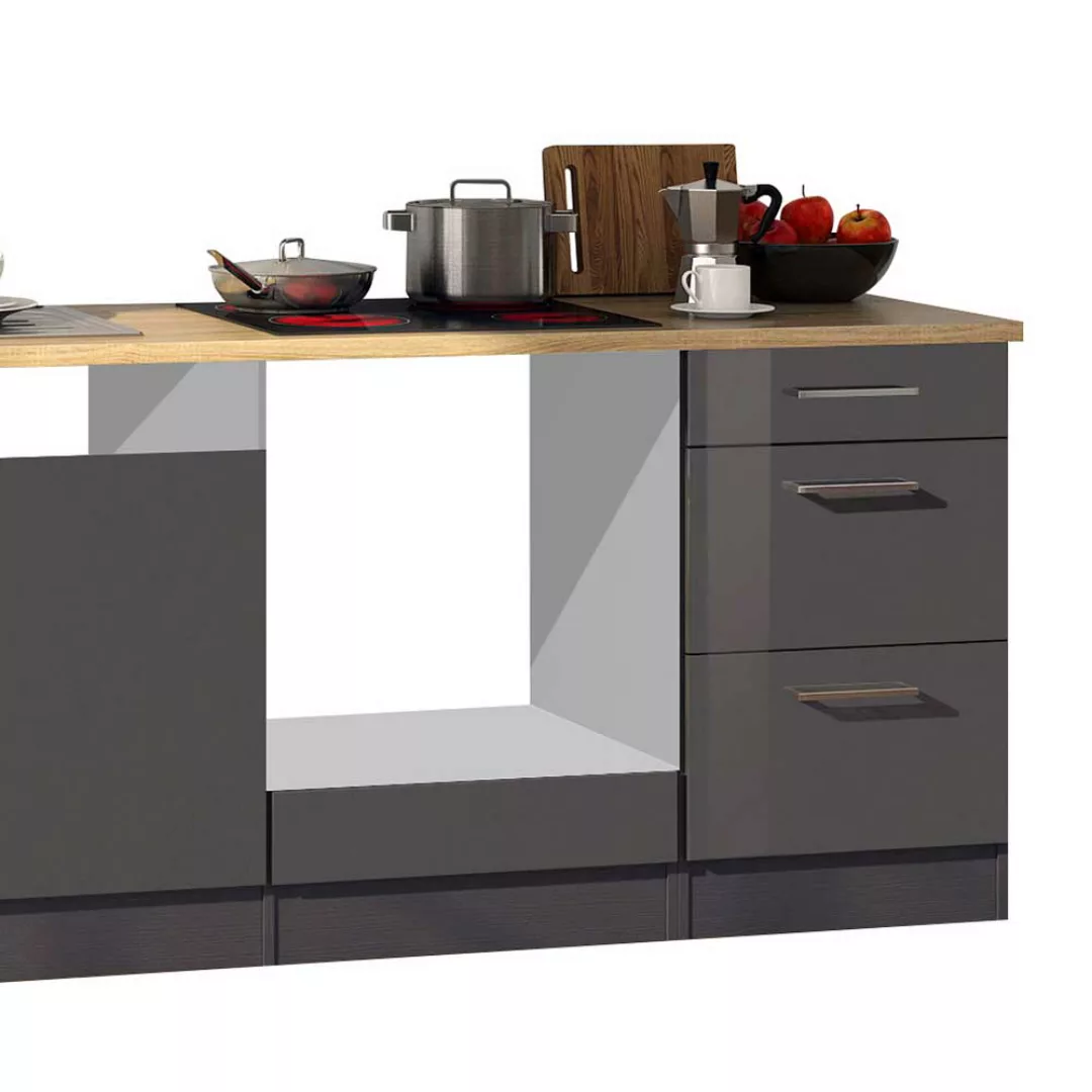 Küchenzeile in Grau hochglänzend 220 cm breit (sechsteilig) günstig online kaufen