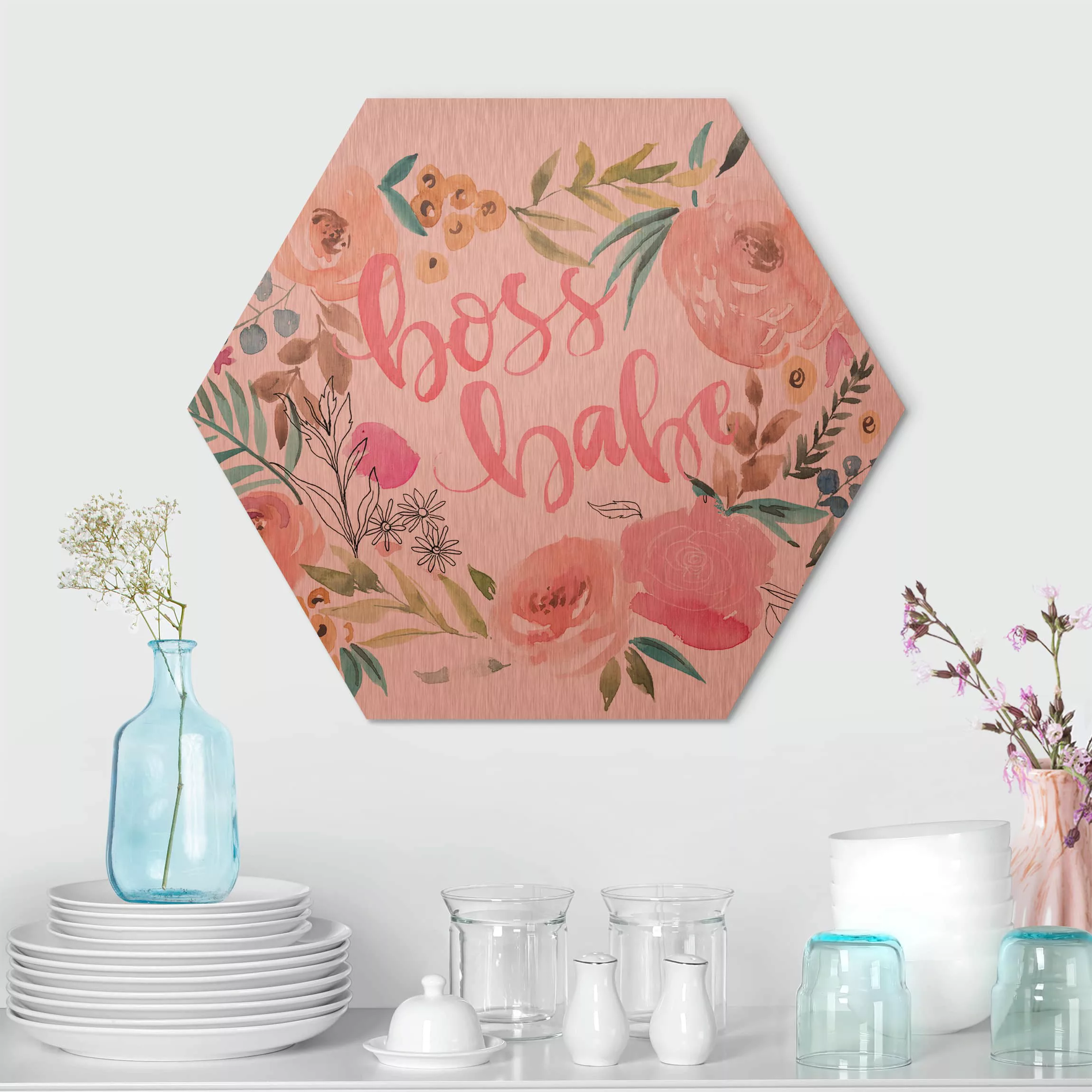 Hexagon-Alu-Dibond Bild Rosa Blüten - Boss Babe günstig online kaufen