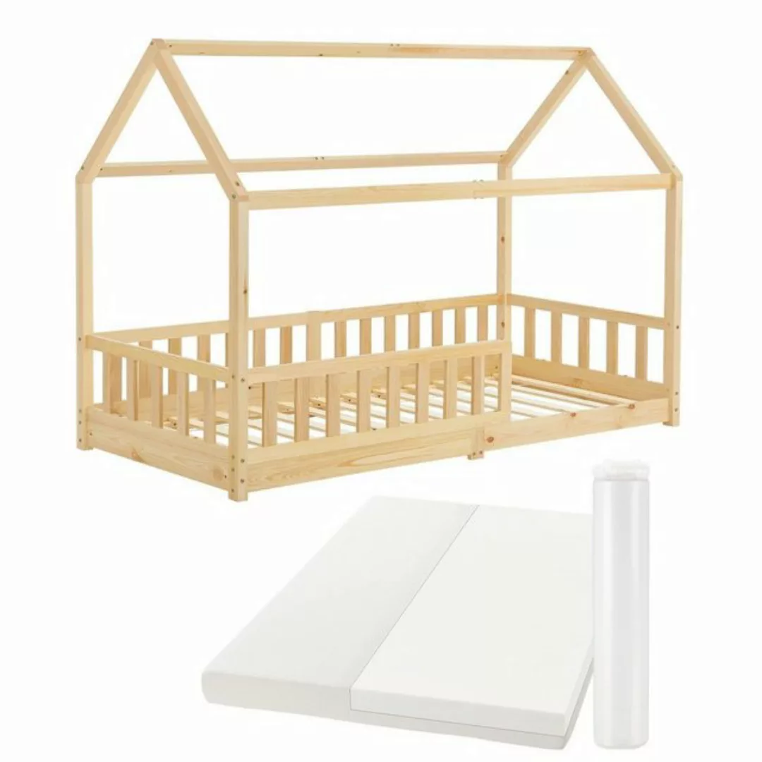 Juskys Kinderbett Marli, 90x200 cm, 3 - 10 Jahre, Rausfallschutz, inkl. Mat günstig online kaufen