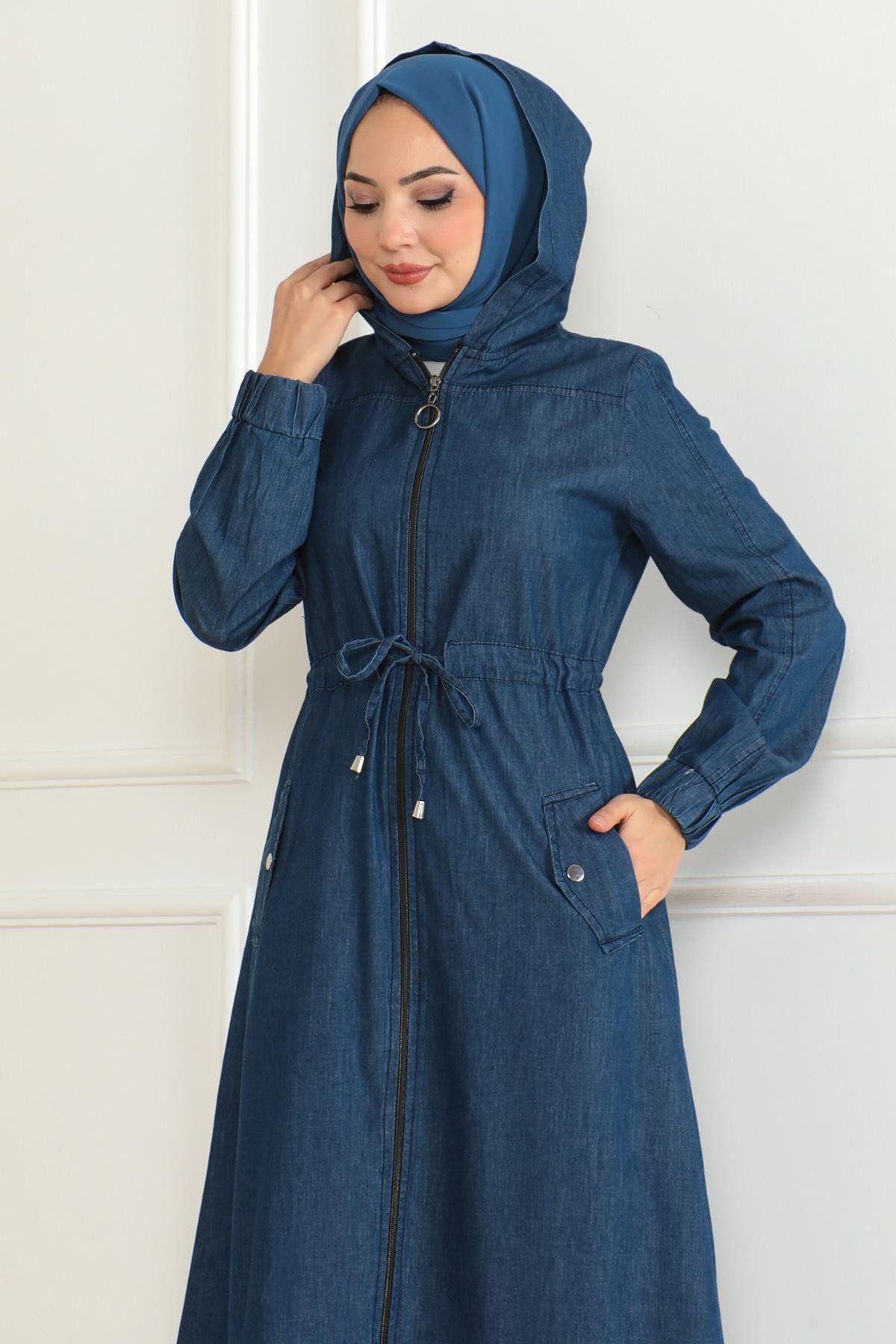 MODAMİHRAM Maxikleid Dunkelblaue Denim-Tunika mit Schnürdetail günstig online kaufen
