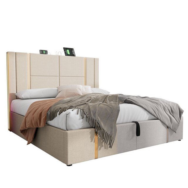 Gotagee Polsterbett Stauraumbetten Jugendbett USB LED Flaches Bett Beige Er günstig online kaufen