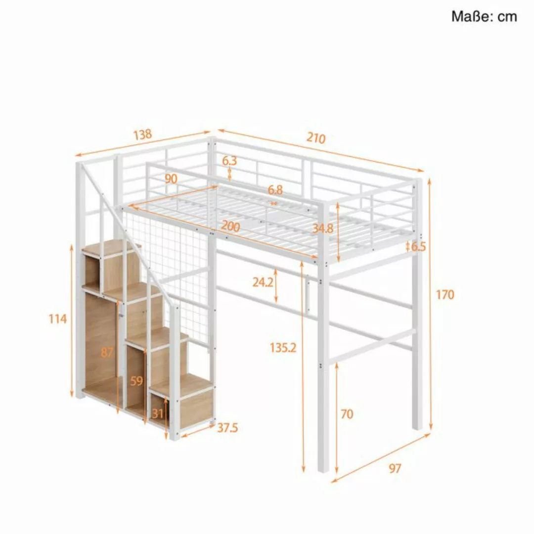 SOFTWEARY Hochbett mit Lattenrost und Regal (90x200 cm) Metallbett mit Raus günstig online kaufen