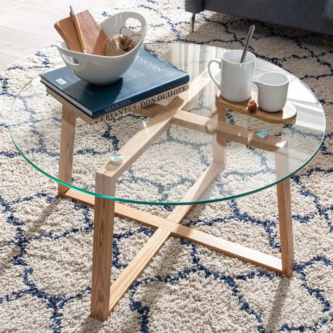 Runder Sofa Tisch mit Glasplatte Massivholz Bügelgestell günstig online kaufen