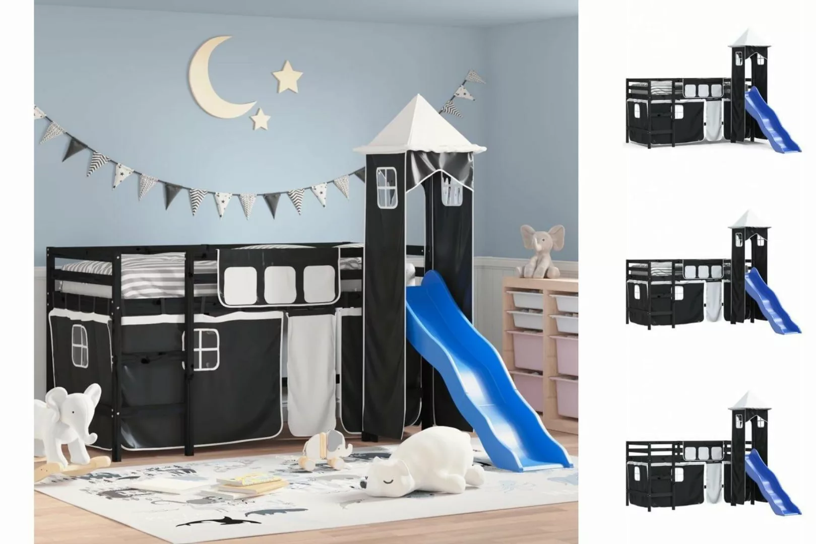 vidaXL Kinderbett Kinderhochbett mit Turm Weiß Schwarz 90x190 cm Kiefernhol günstig online kaufen