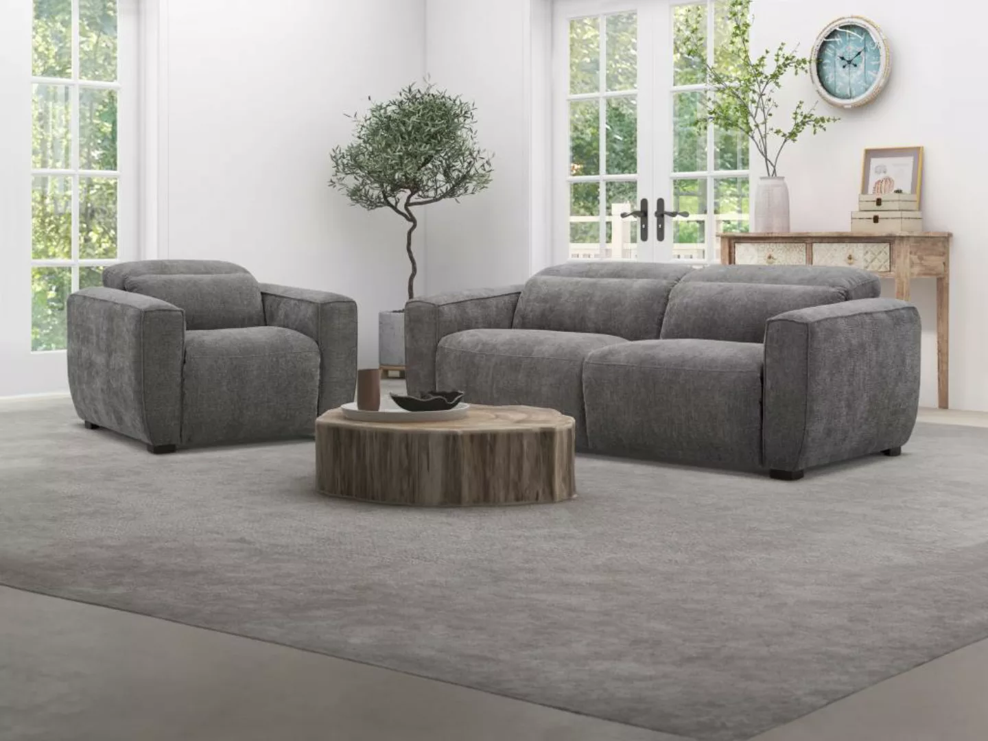 Relaxsofa 3-Sitzer & Relaxsessel elektrisch - Stoff - Grau - LAGUNDI günstig online kaufen