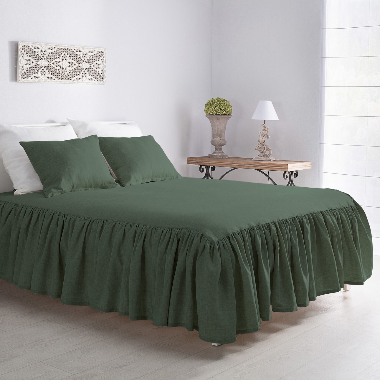 Tagesdecke mit Rüsche Linen Frilly 160x210cm green, 160 x 210 cm günstig online kaufen
