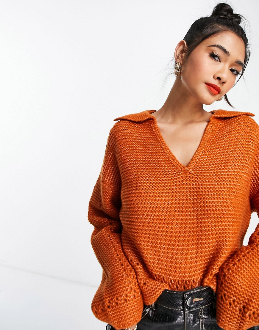 ASOS DESIGN – Pullover in Rostrot mit offenem Ausschnitt und Kragendetail-B günstig online kaufen