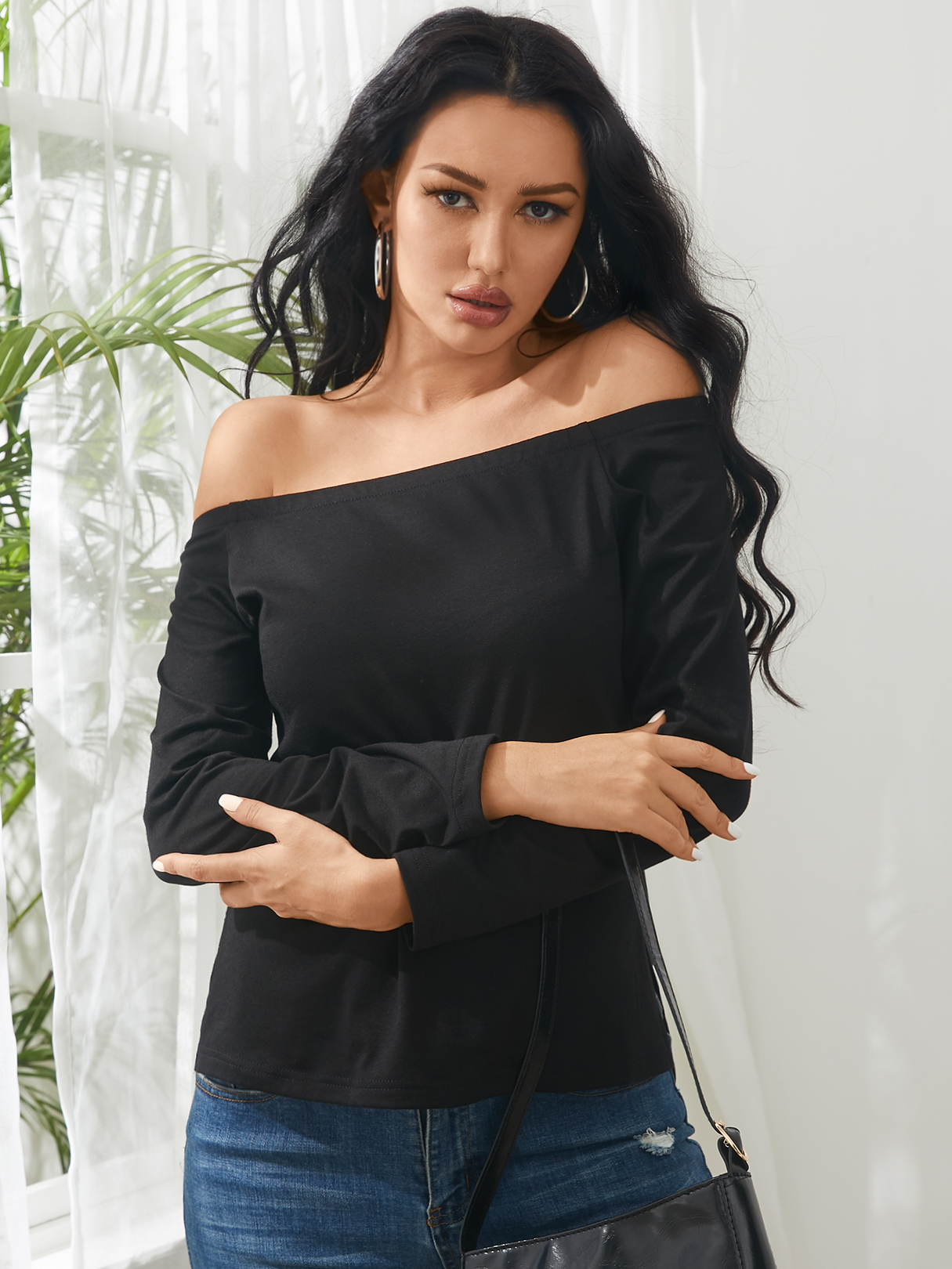 YOINS Black Slit Hem Off The Shoulder Langarm-T-Shirt günstig online kaufen