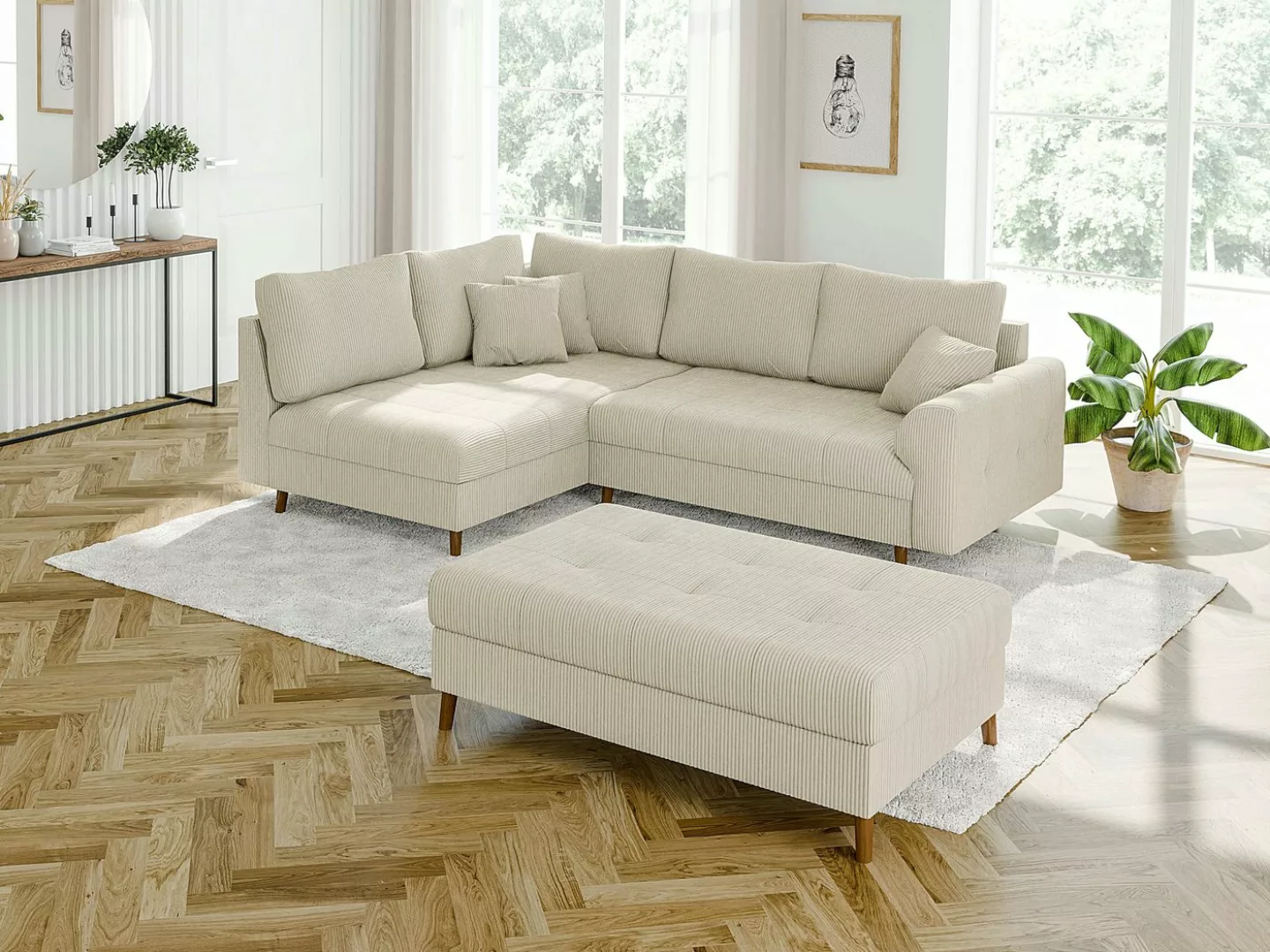 S-Style Möbel Ecksofa und Hocker Zara mit Schlaffunktion und Braun Holzfüße günstig online kaufen