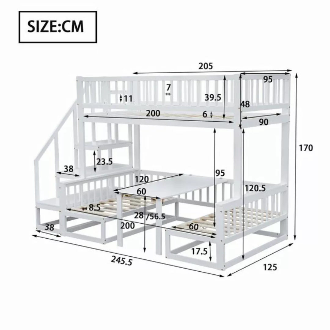 REDOM Etagenbett Holzbett mit Treppe, mit verstellbarem Tisch, mit Holzsofa günstig online kaufen