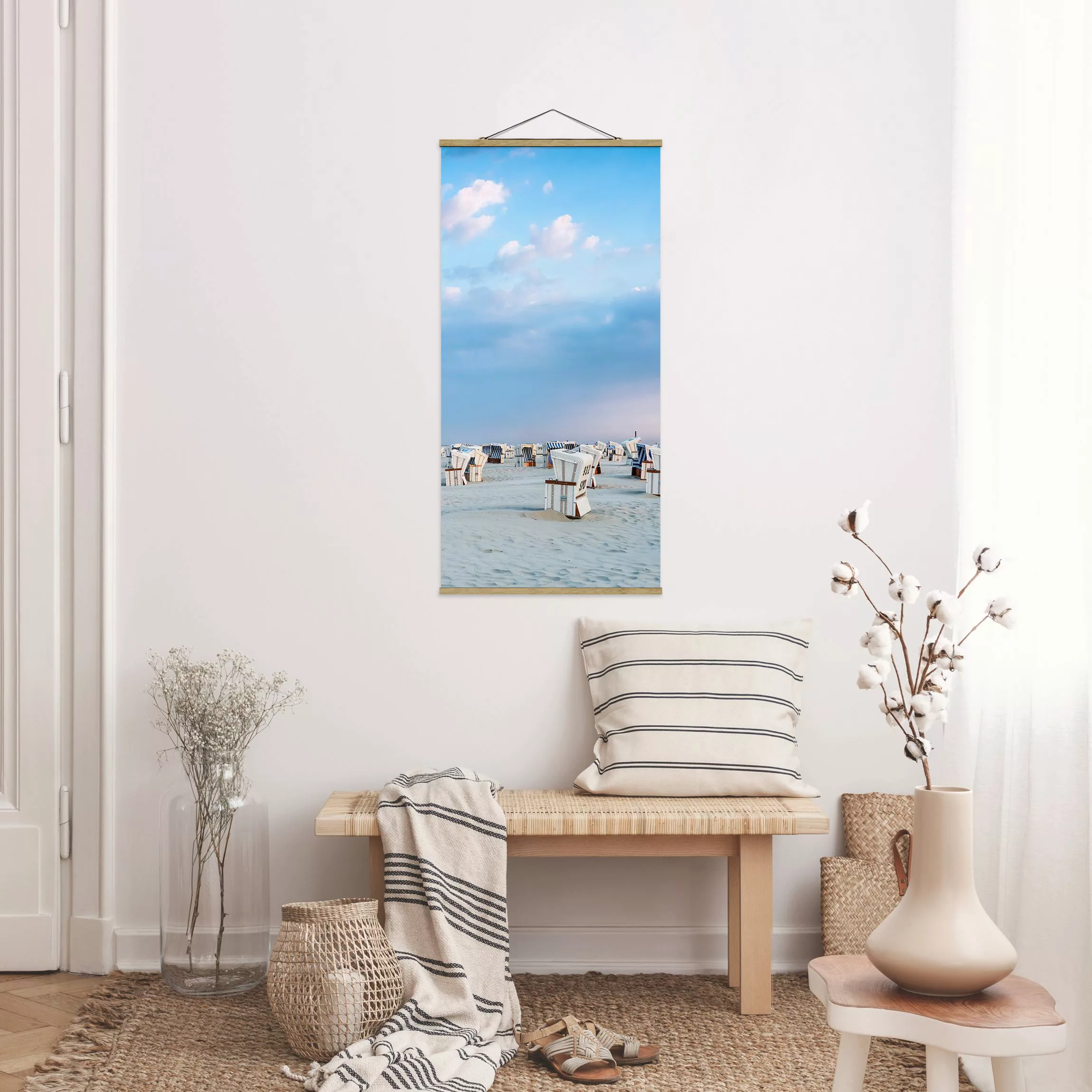 Stoffbild mit Posterleisten Strandkörbe an der Nordsee günstig online kaufen