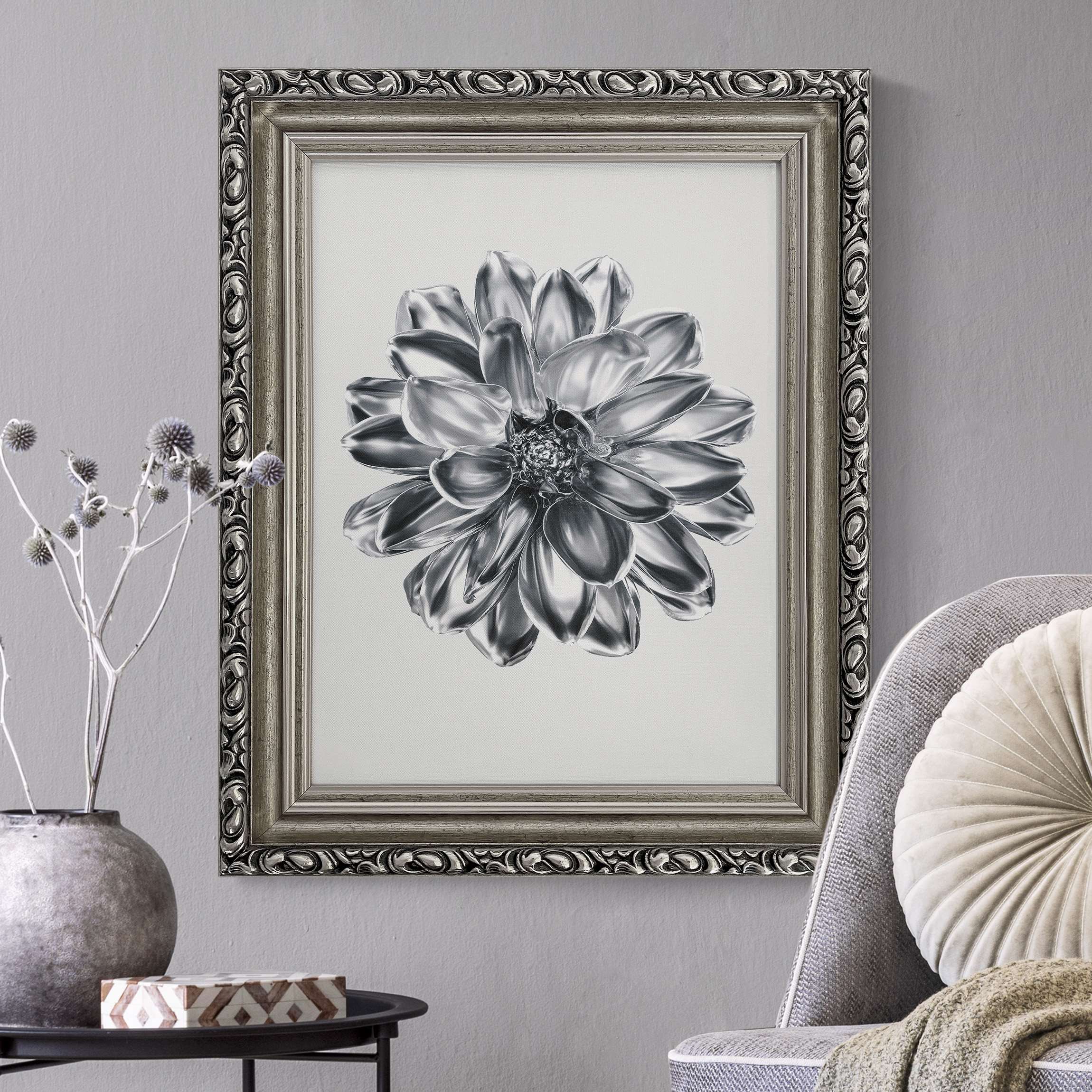 Gerahmtes Leinwandbild Dahlie Blume Silber Metallic günstig online kaufen