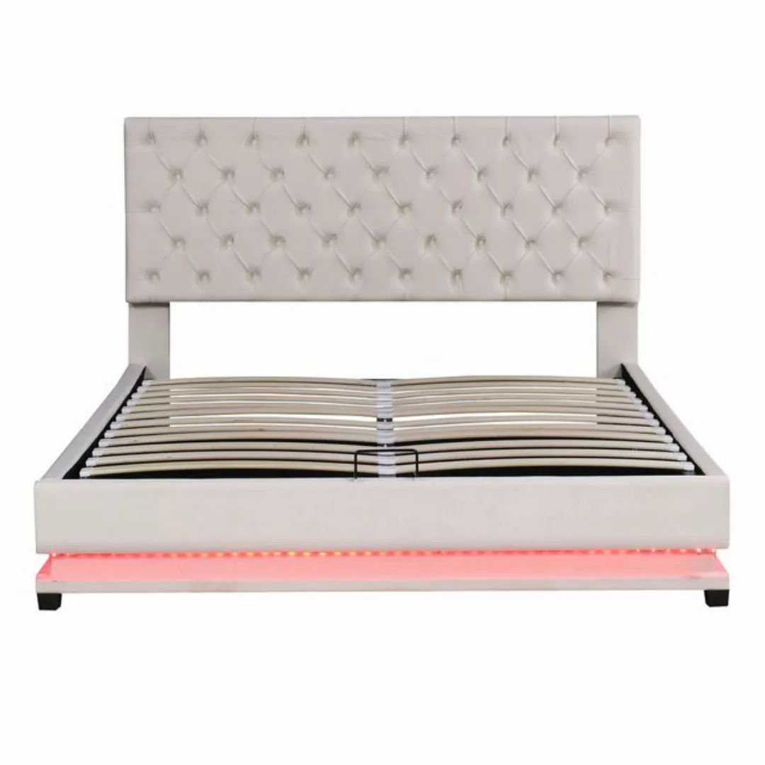 Merax Polsterbett mit LED-Beleuchtung, Lattenrost und Bettkasten, Bezug Sam günstig online kaufen