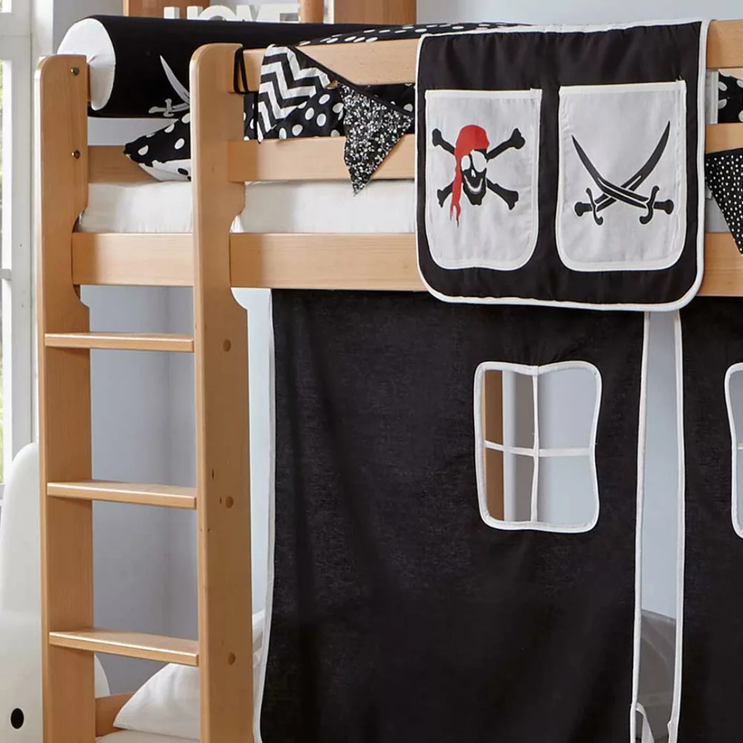 Piratenhochbett aus Buche Massivholz Webstoff in Schwarz und Weiß günstig online kaufen