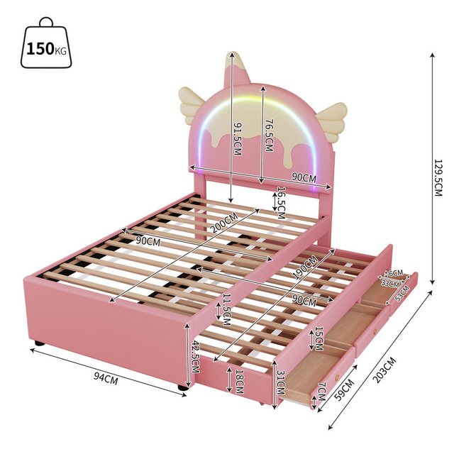 Flieks Polsterbett, Einhornform Kinderbett 90x200cm + Ausziehbett 90x190cm günstig online kaufen