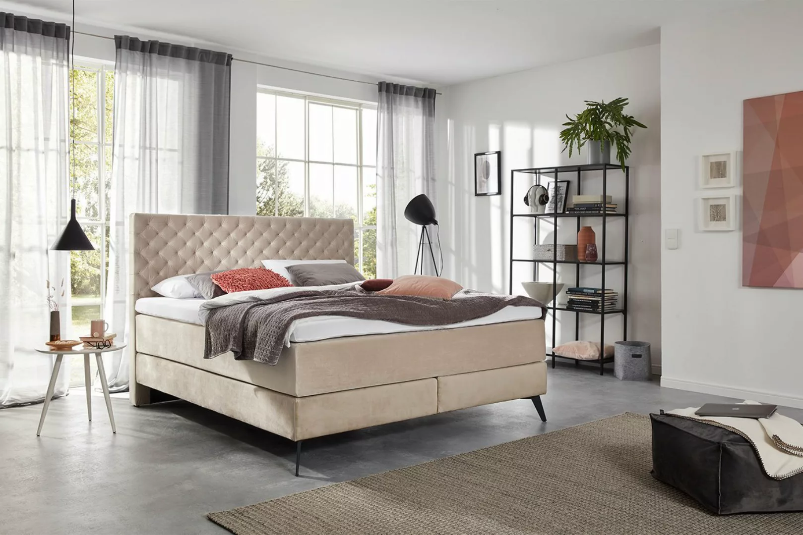 KAWOLA Boxspringbett SINDAR, Bett Stoff, versch. Farben, versch. Fußfarben, günstig online kaufen