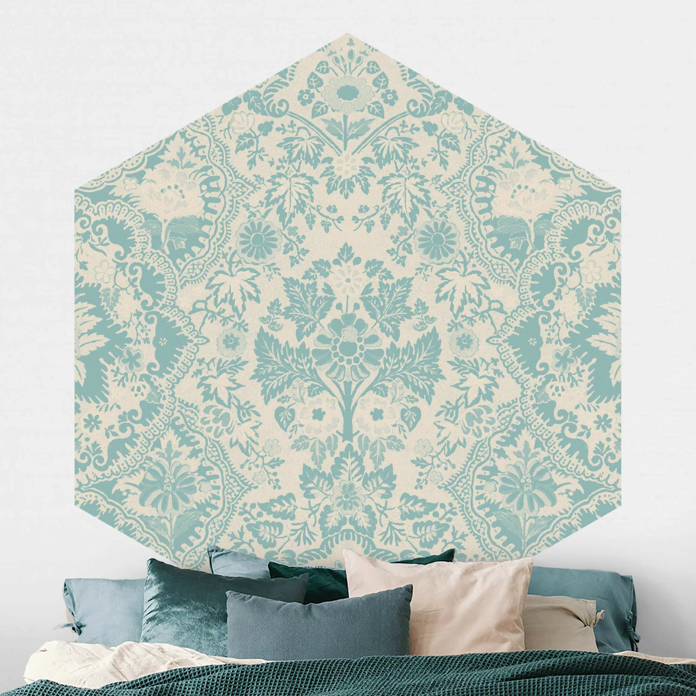 Hexagon Mustertapete selbstklebend Shabby Barocktapete in Azur günstig online kaufen