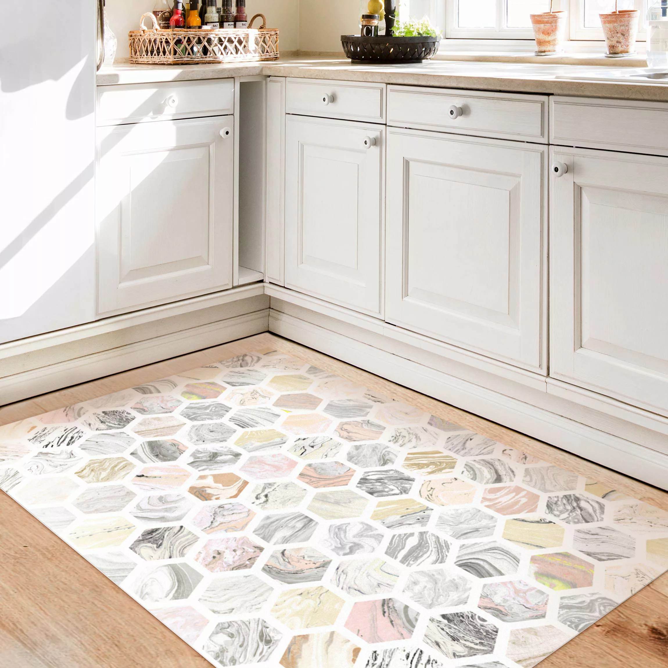 Vinyl-Teppich Marmor Hexagone in Beige günstig online kaufen