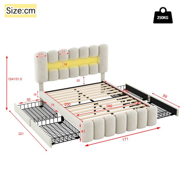 Furnishings Home Polsterbett Doppelbett + Lautsprecher + LED + USB + 4 Schu günstig online kaufen