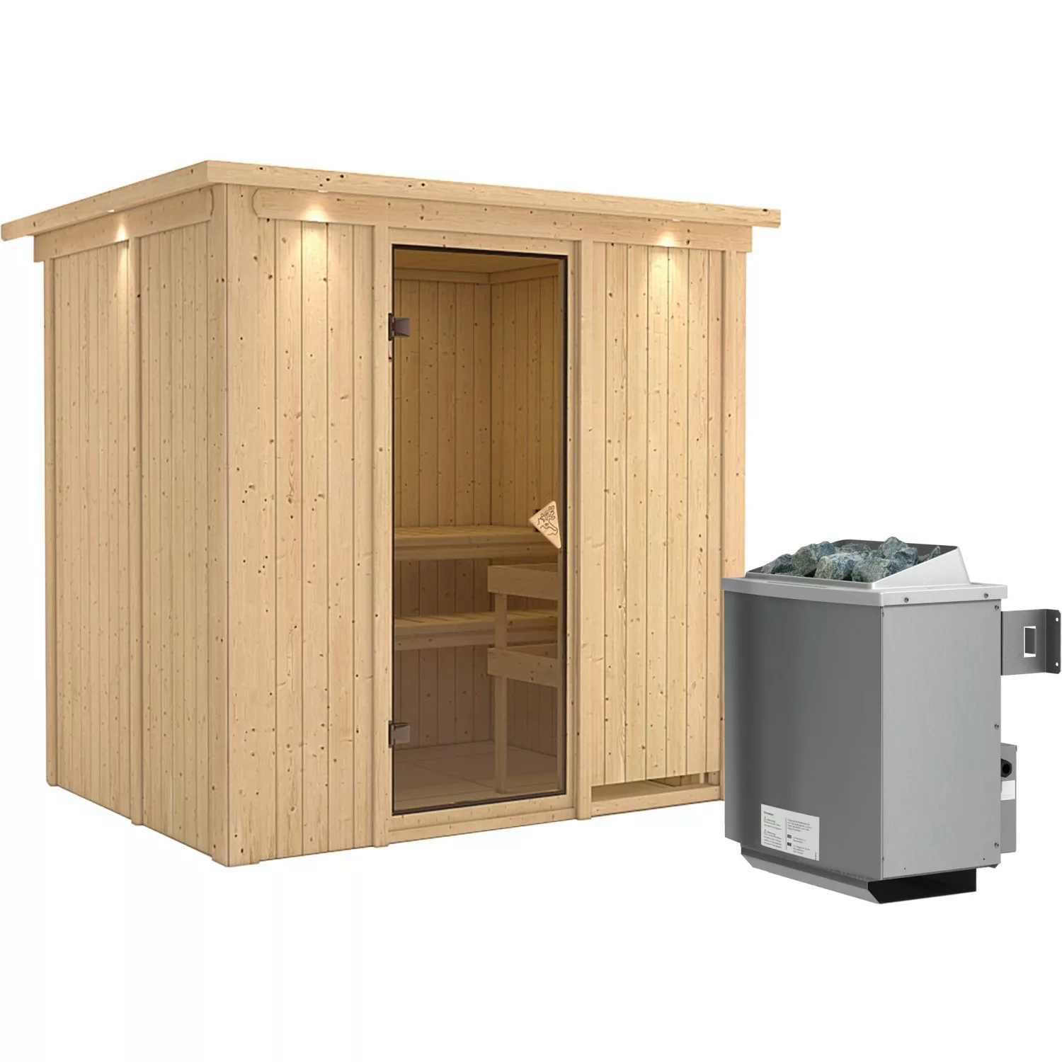 Karibu Sauna Bjarne inkl. Ofen 9 kW integr. Steuerung, Dachkranz, Tür Bronz günstig online kaufen