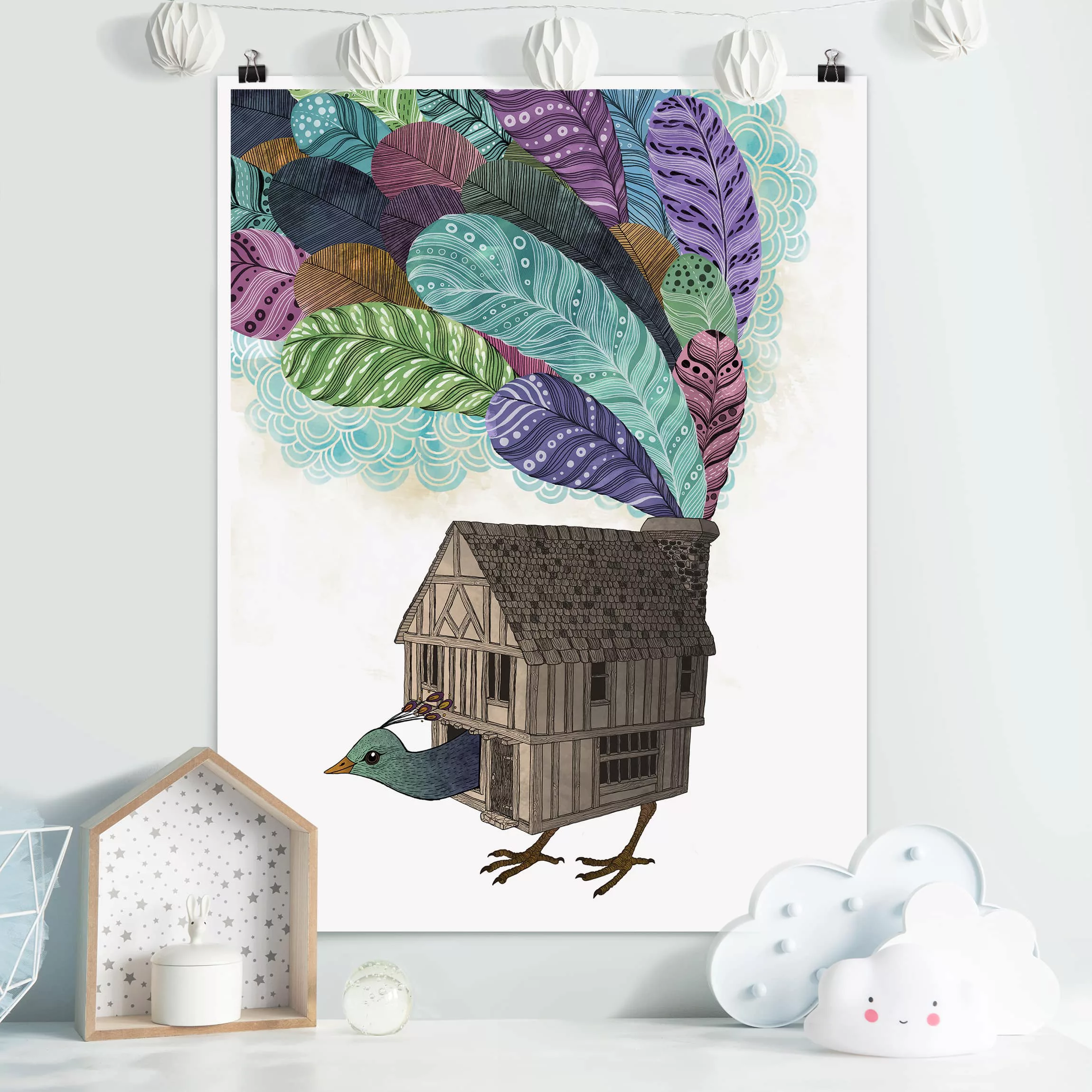 Poster Tiere - Hochformat Illustration Vogel Haus mit Federn günstig online kaufen