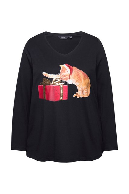 Ulla Popken Longsleeve Weihnachtsshirt Katze A-Linie V-Ausschnitt Langarm günstig online kaufen