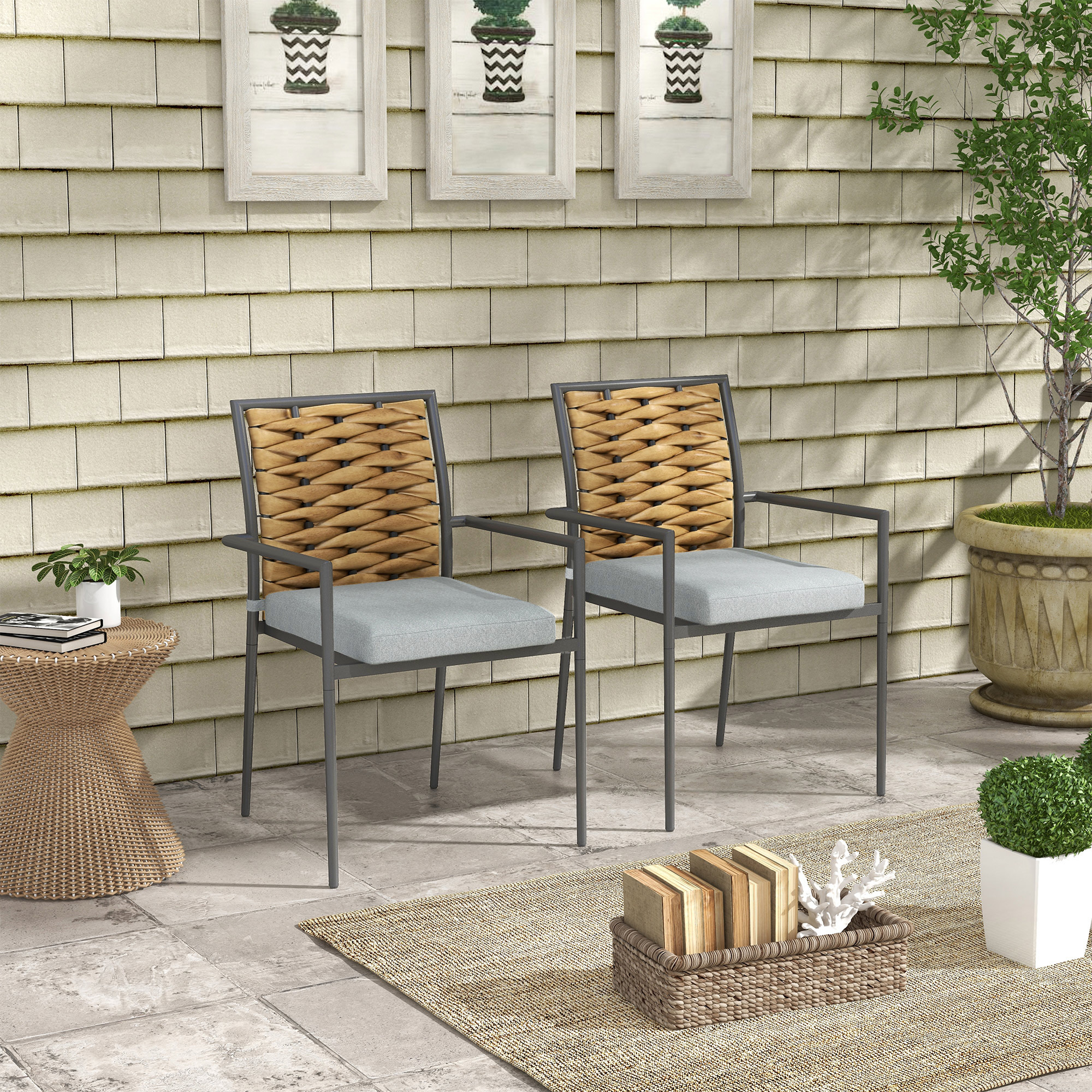 Outsunny 2er-Set Rattan Gartenstuhl Gartensessel Set mit Kissen, Stapelbare günstig online kaufen