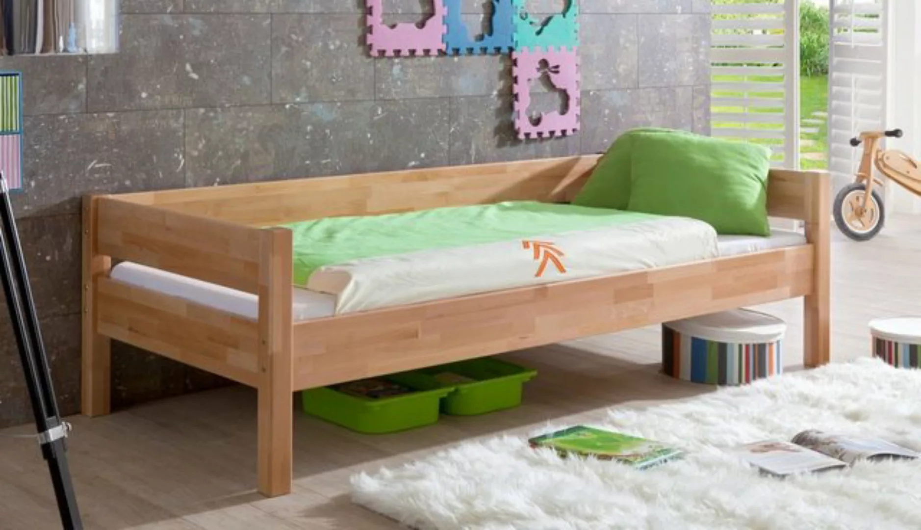 Natur24 Kinderbett Einzelbett Nik in Buche Massiv Natur lackiert 90x200cm B günstig online kaufen