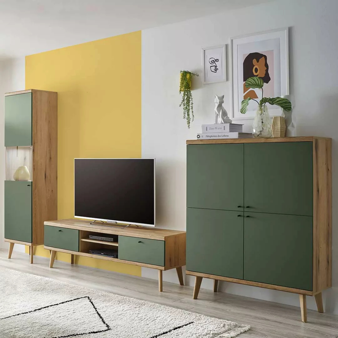Fernseher Schrankwand im Skandi Design 197 cm hoch (dreiteilig) günstig online kaufen