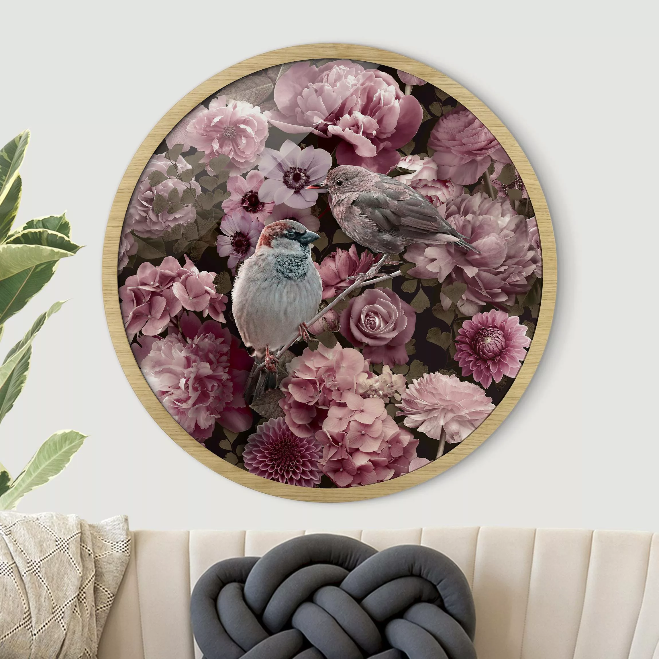 Rundes Gerahmtes Bild Blumenparadies Spatzen in Altrosa günstig online kaufen