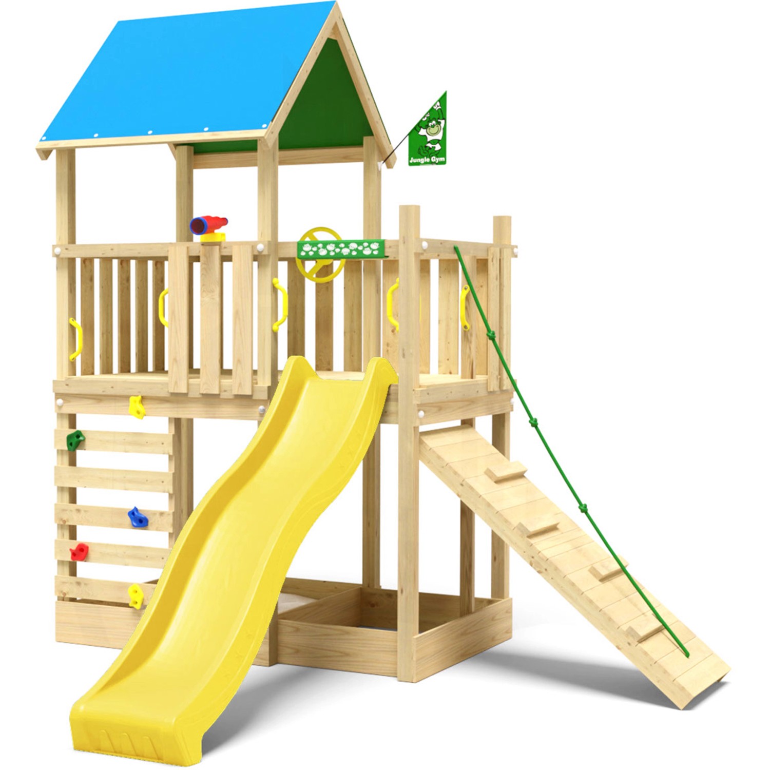 Jungle Gym Spielturm Wonder Holz mit Planendach Kletterrampe Rutsche Gelb günstig online kaufen