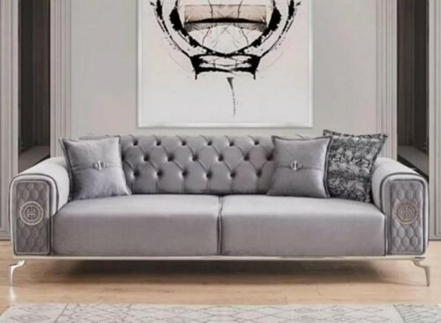 JVmoebel 3-Sitzer Dreisitzer Stoffsofa Chesterfield Couch Sofa Grau Stoff P günstig online kaufen