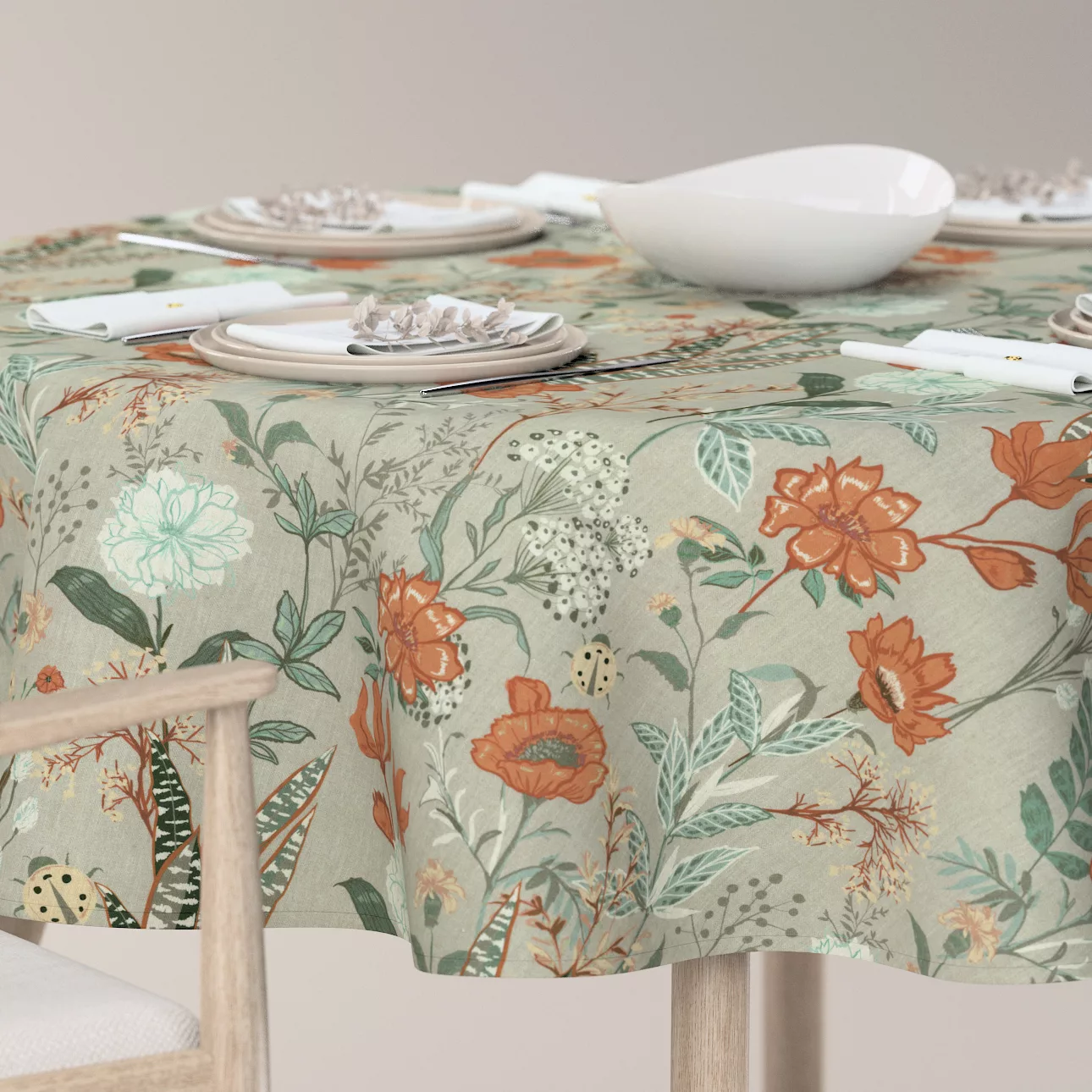 Runde Tischdecke, grau-orange-grün, Flowers (143-70) günstig online kaufen