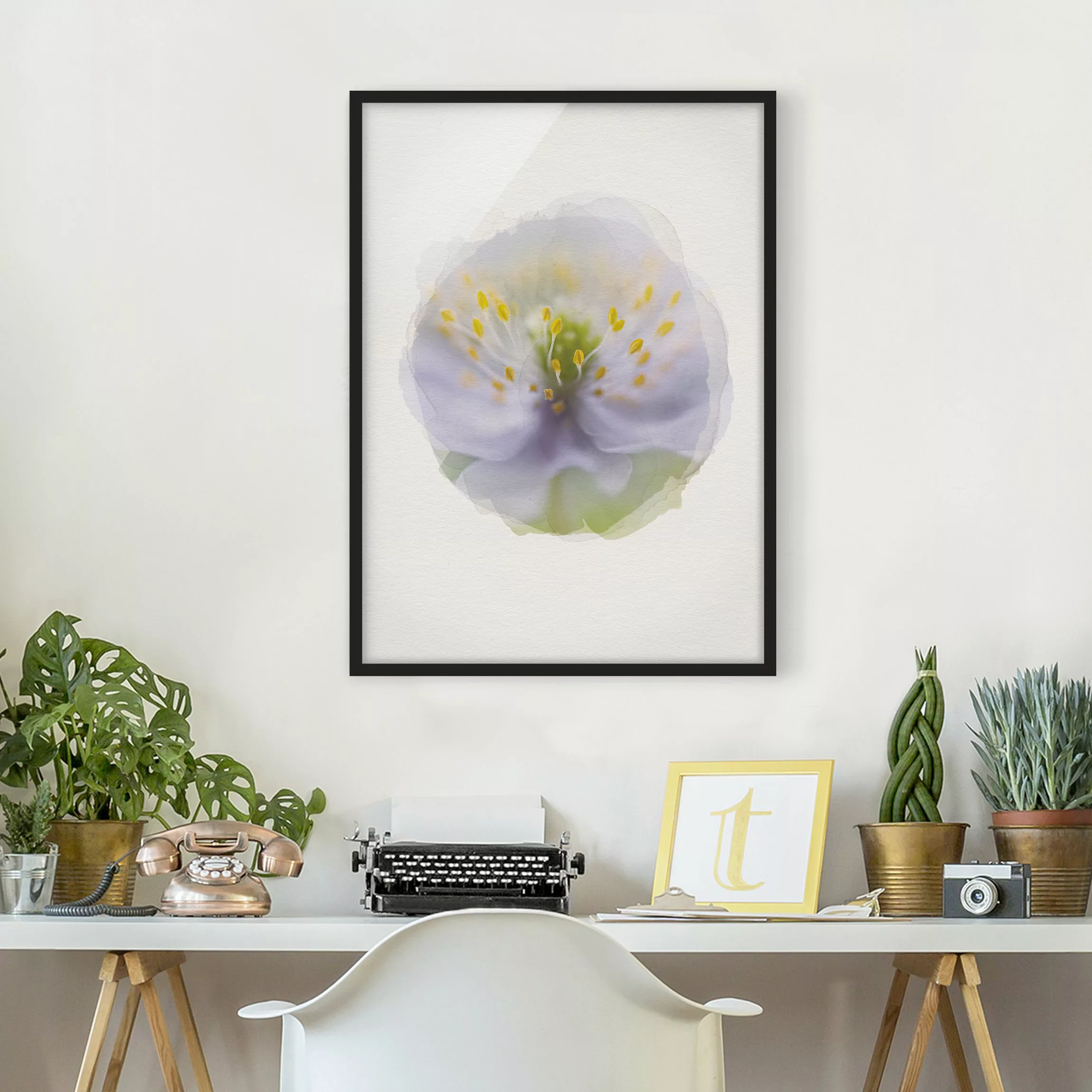 Bild mit Rahmen Blumen - Hochformat Wasserfarben - Anemonen Schönheit günstig online kaufen