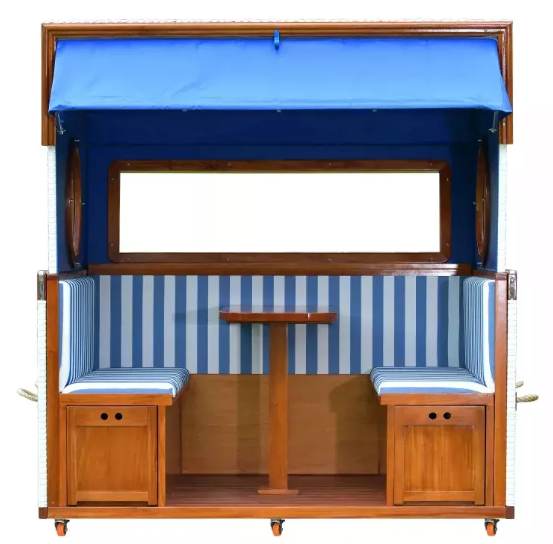 Gosch-Lounge Strandkorb 6-Sitzer Mahagoni PVC Weiss Dessin Blau/Weiss günstig online kaufen