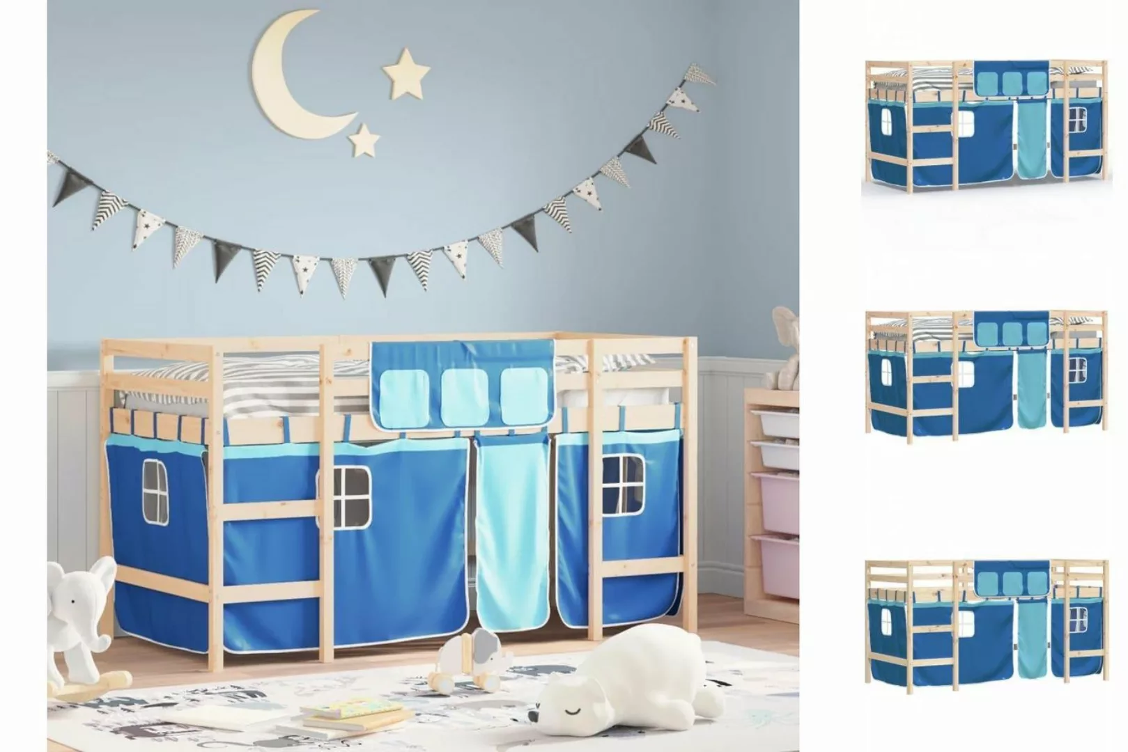 vidaXL Kinderbett Kinderhochbett mit Vorhängen Blau 80x200 cm Massivholz Ki günstig online kaufen