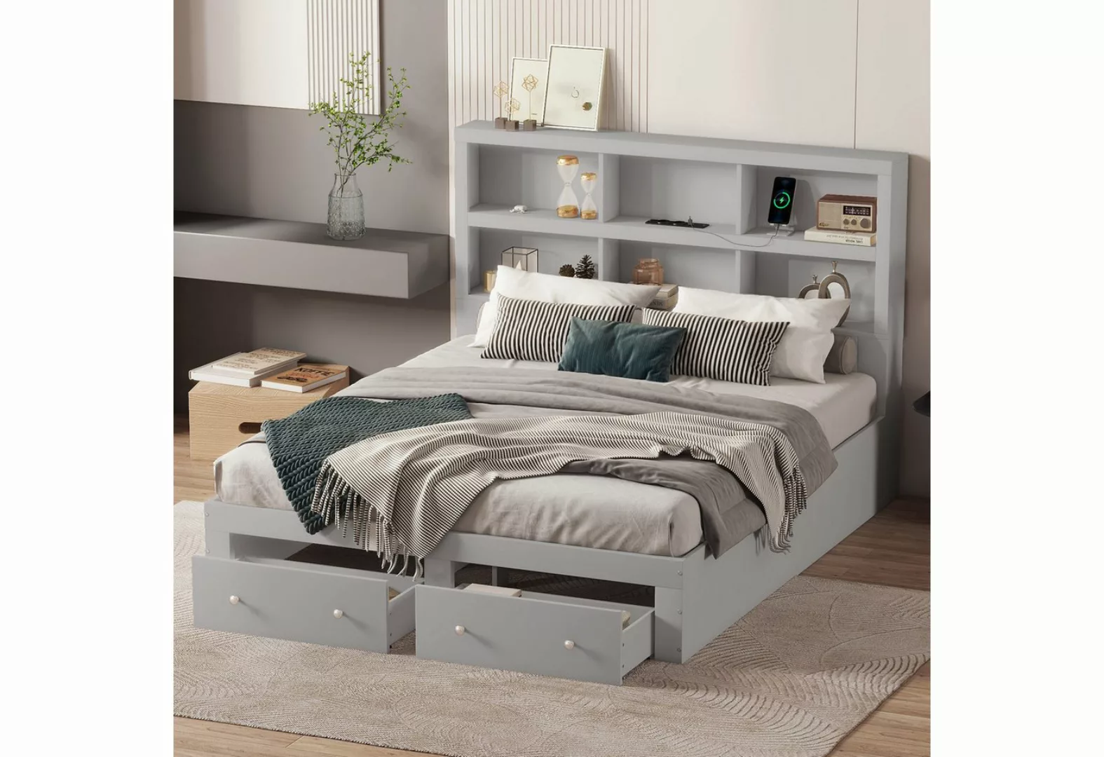 MODFU Bett Doppelbett Holzbett Stauraumbett Funktionsbett 160x200cm (Kopfte günstig online kaufen