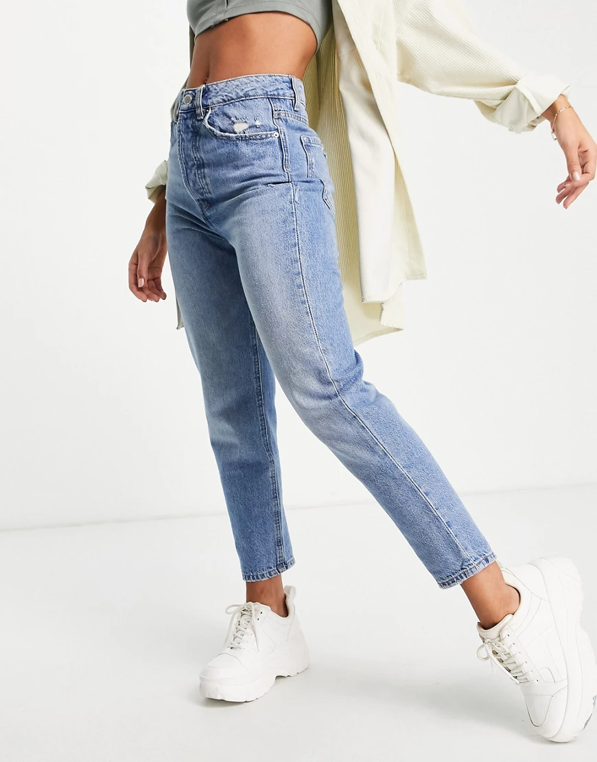 Stradivarius – Mom-Jeans im Vintage-Stil in Mittelblau günstig online kaufen