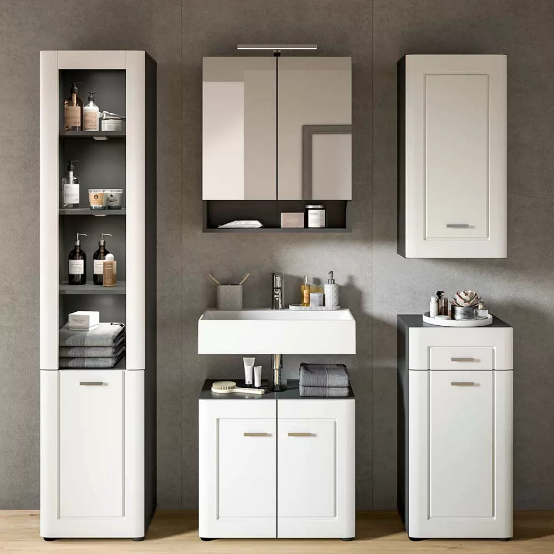Badmöbel mit Spiegelschrank in Weiß und Grau modernes Design (fünfteilig) günstig online kaufen
