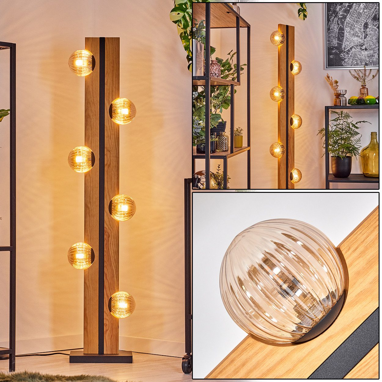 hofstein Stehlampe Stehlampe aus Holz/Metall/Riffelglas in günstig online kaufen
