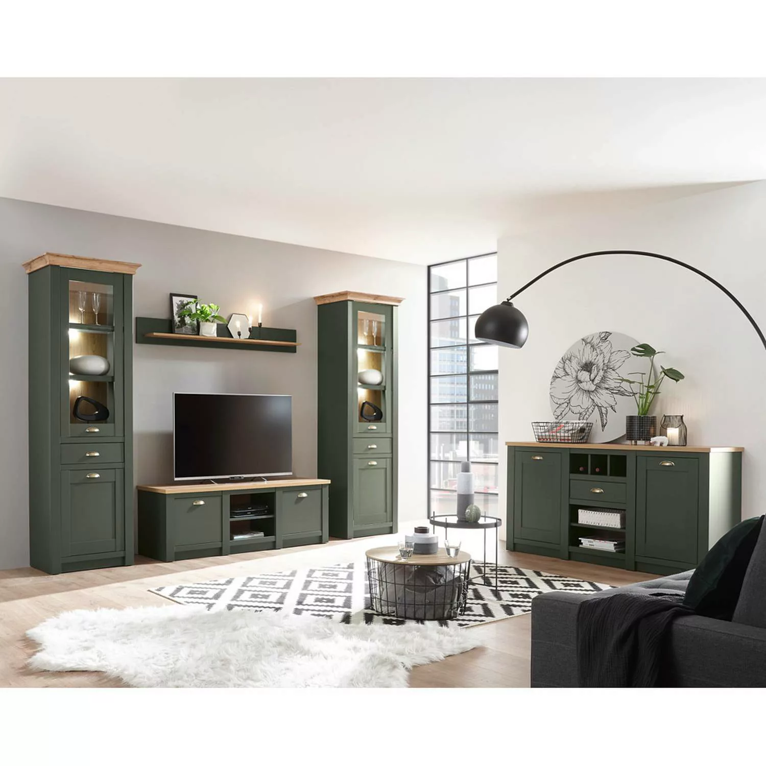 Landhaus Wohnwand & Sideboard Set in grün mit Wotan Eiche CINCINNATI-61 mit günstig online kaufen
