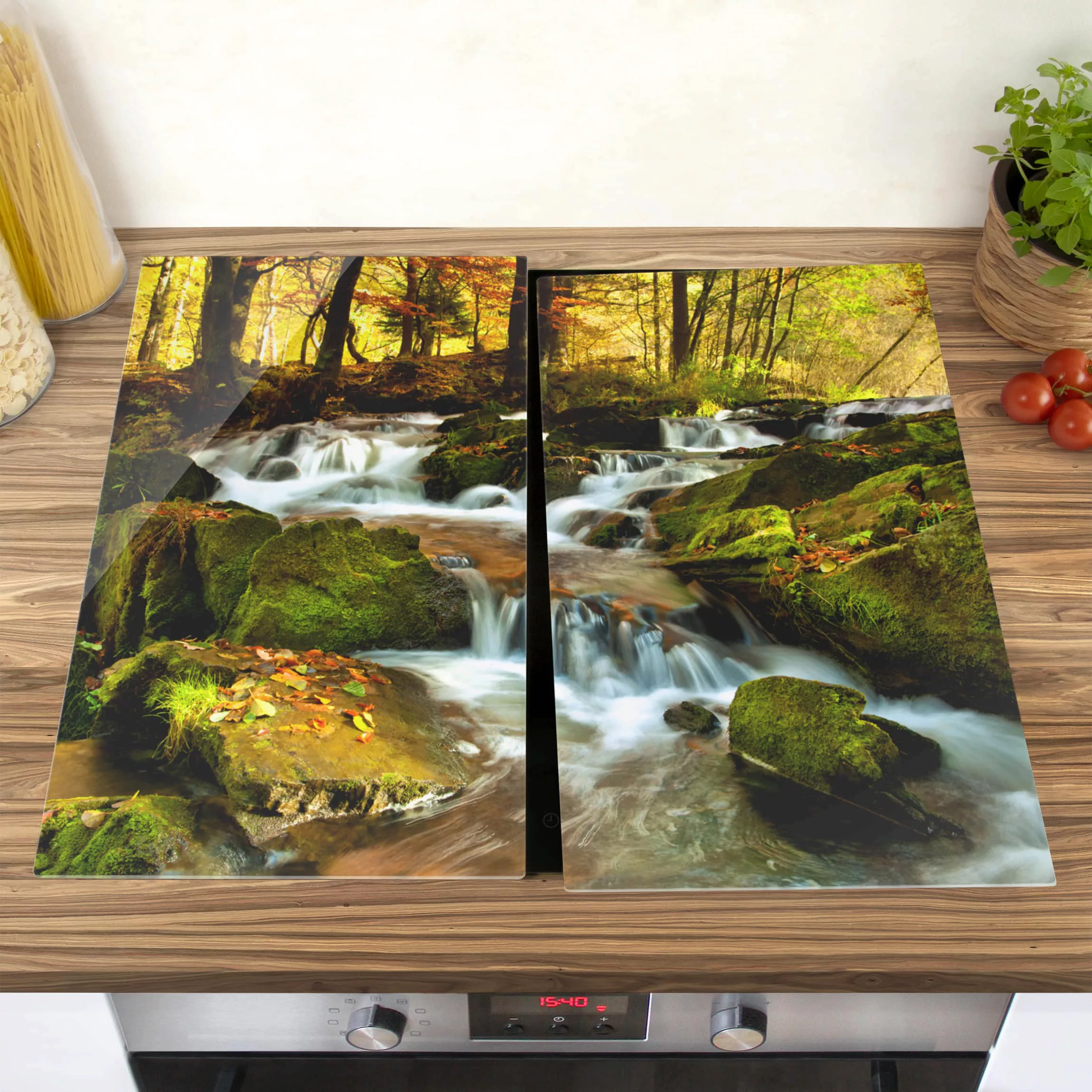 2-teilige Herdabdeckplatte Glas Natur & Landschaft Wasserfall herbstlicher günstig online kaufen