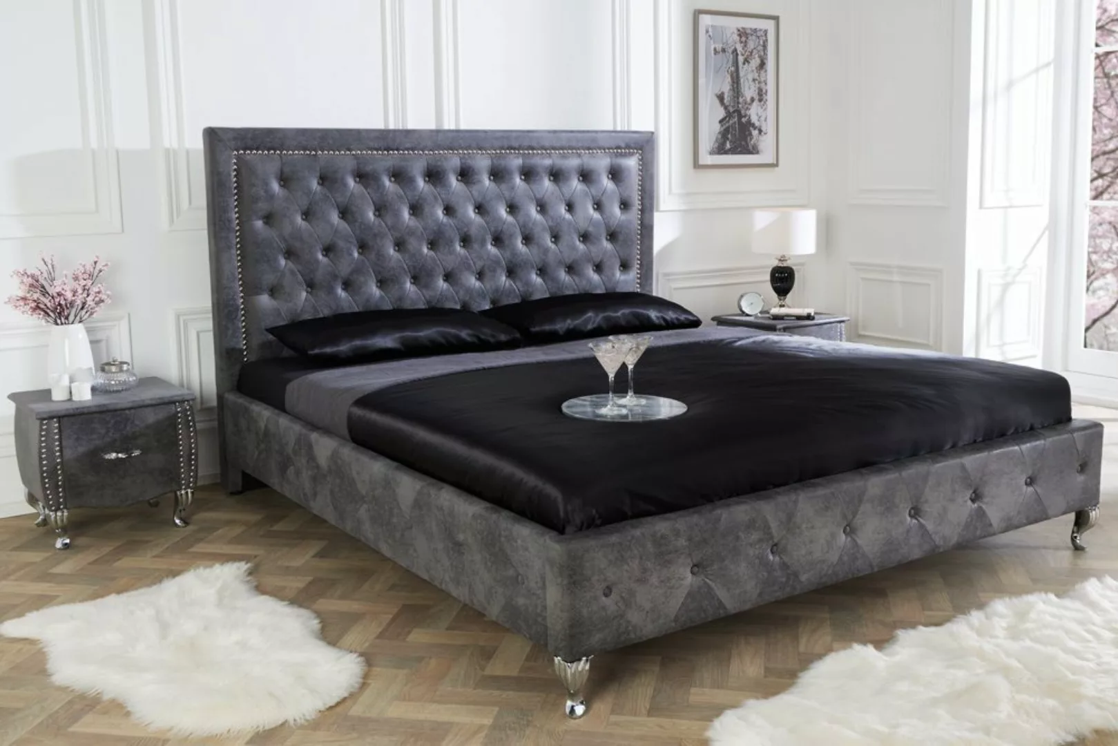 riess-ambiente Bett EXTRAVAGANCIA 180x200cm antik grau, im Chesterfield-Des günstig online kaufen