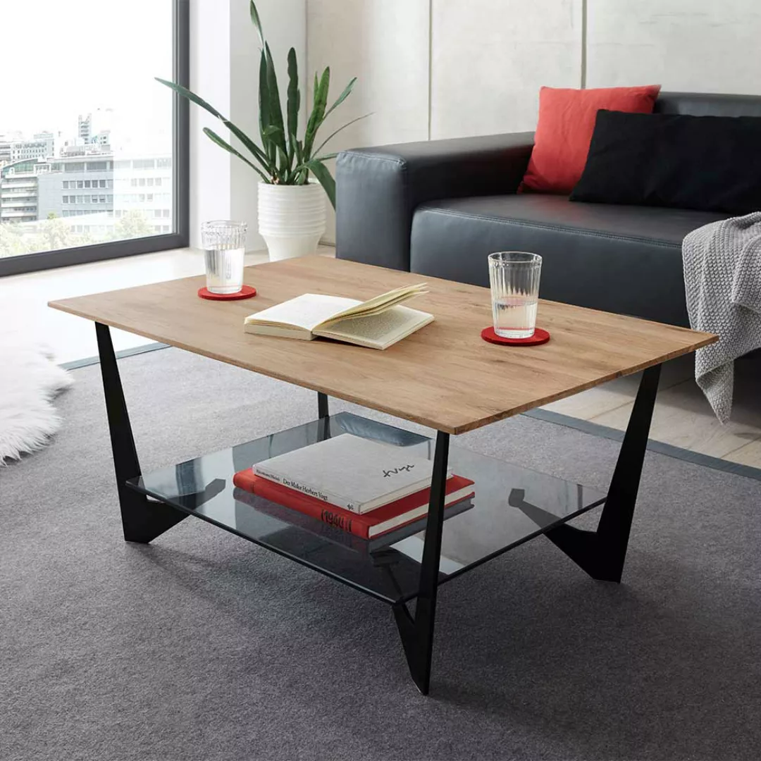 Coffee Table aus Eiche Massivholz Metall Sicherheitsglas günstig online kaufen