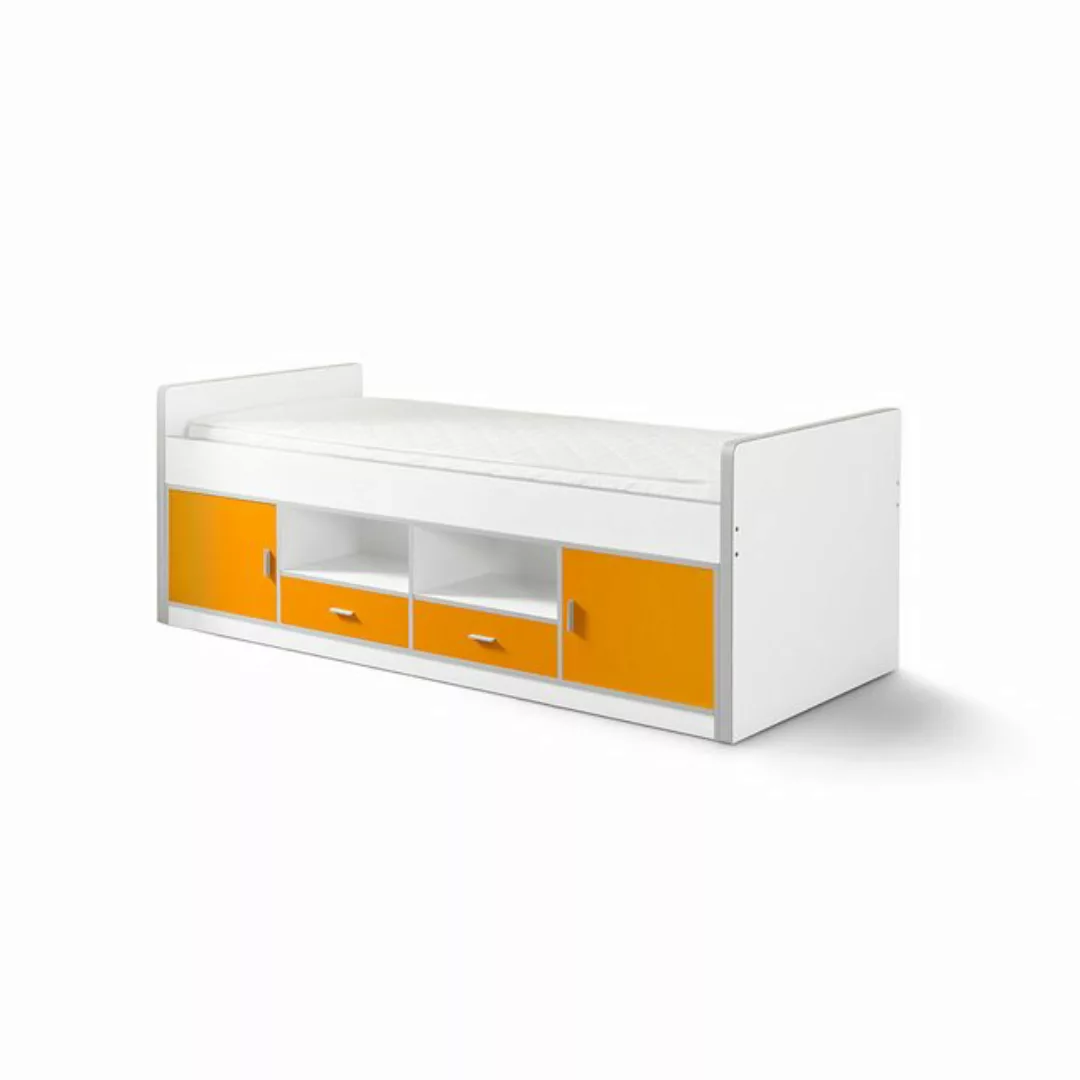 Lomadox Kinderbett, 90x200cm, mit viel Stauraum, weiß/orange günstig online kaufen