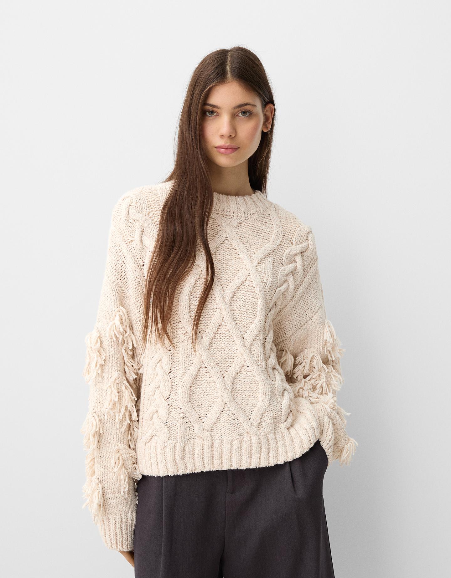 Bershka Pullover Mit Rundausschnitt Und Flechtmuster Damen Xs-S Sandfarbe günstig online kaufen