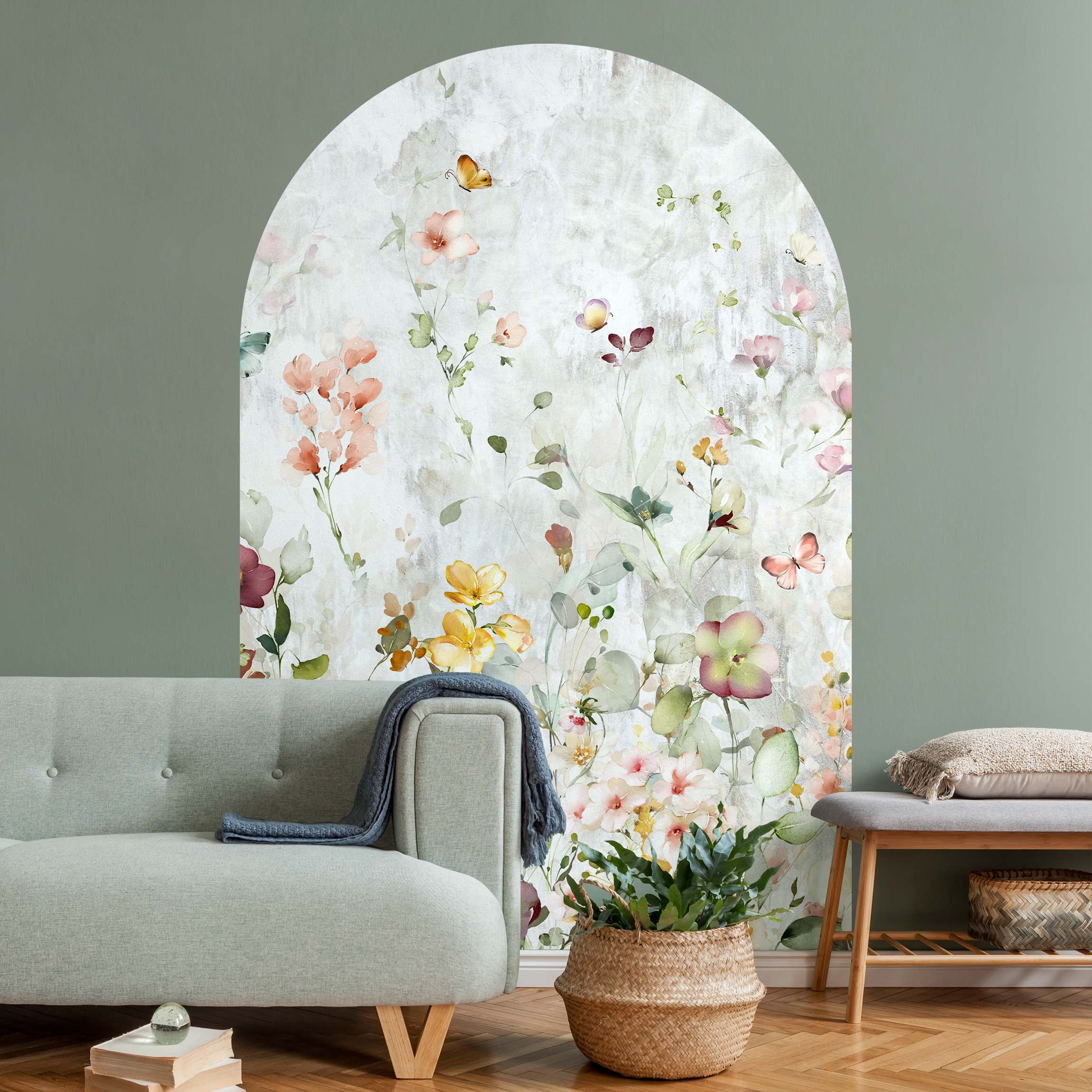 Rundbogen Tapete Aquarell Blüten auf weißer Shabby Betonwand günstig online kaufen